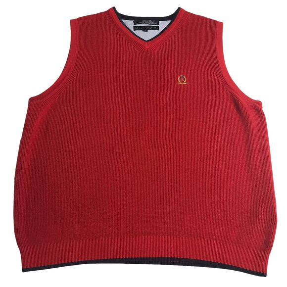 Vintage Tommy Hilfiger Sweater Vest Mens L Red Knit VNeck Lion Crest Preppy 90s - Picture 1 of 12
